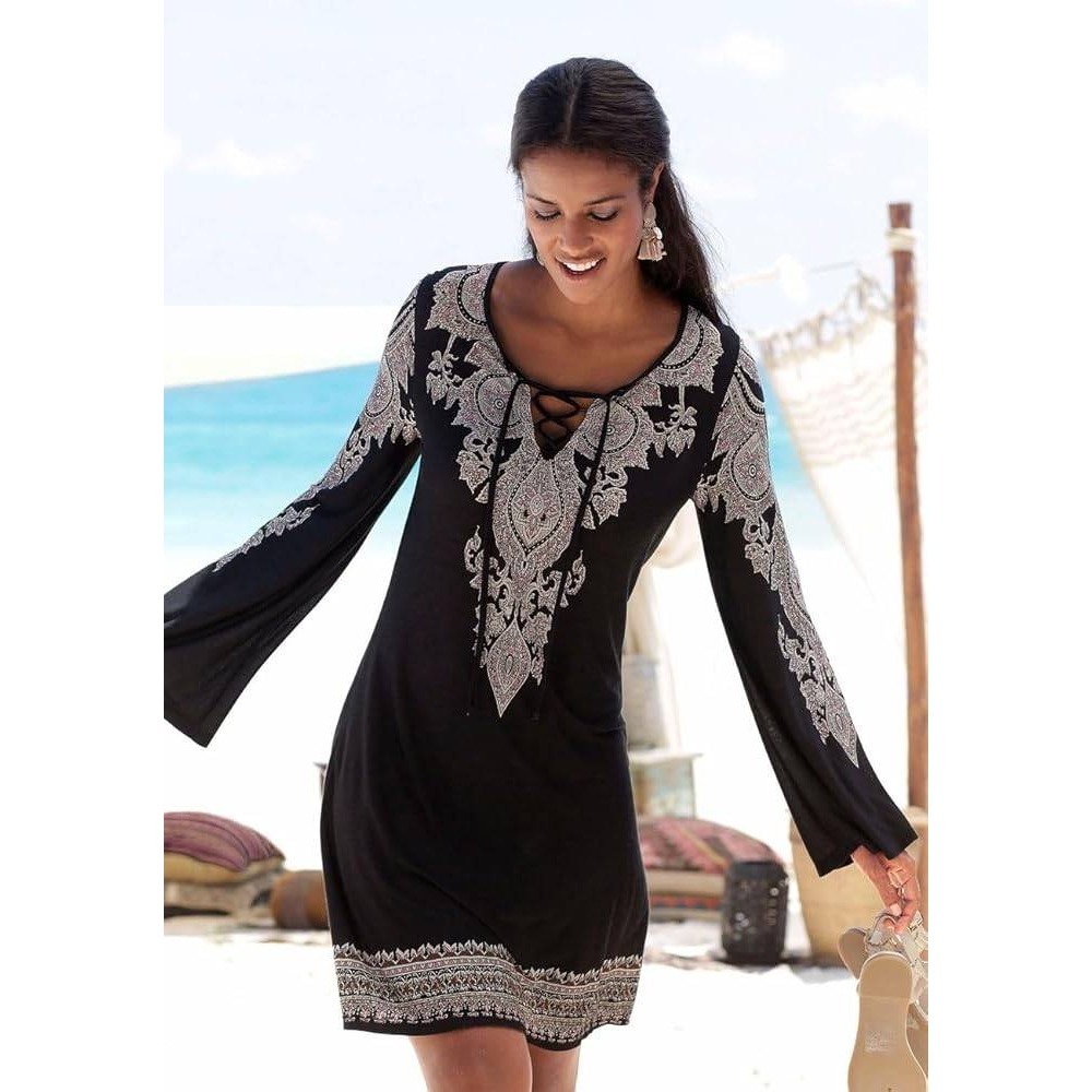 Lascana Womens Black Paisley Lace Up V-Neck Bell Sleeve Mini Dress Size 8